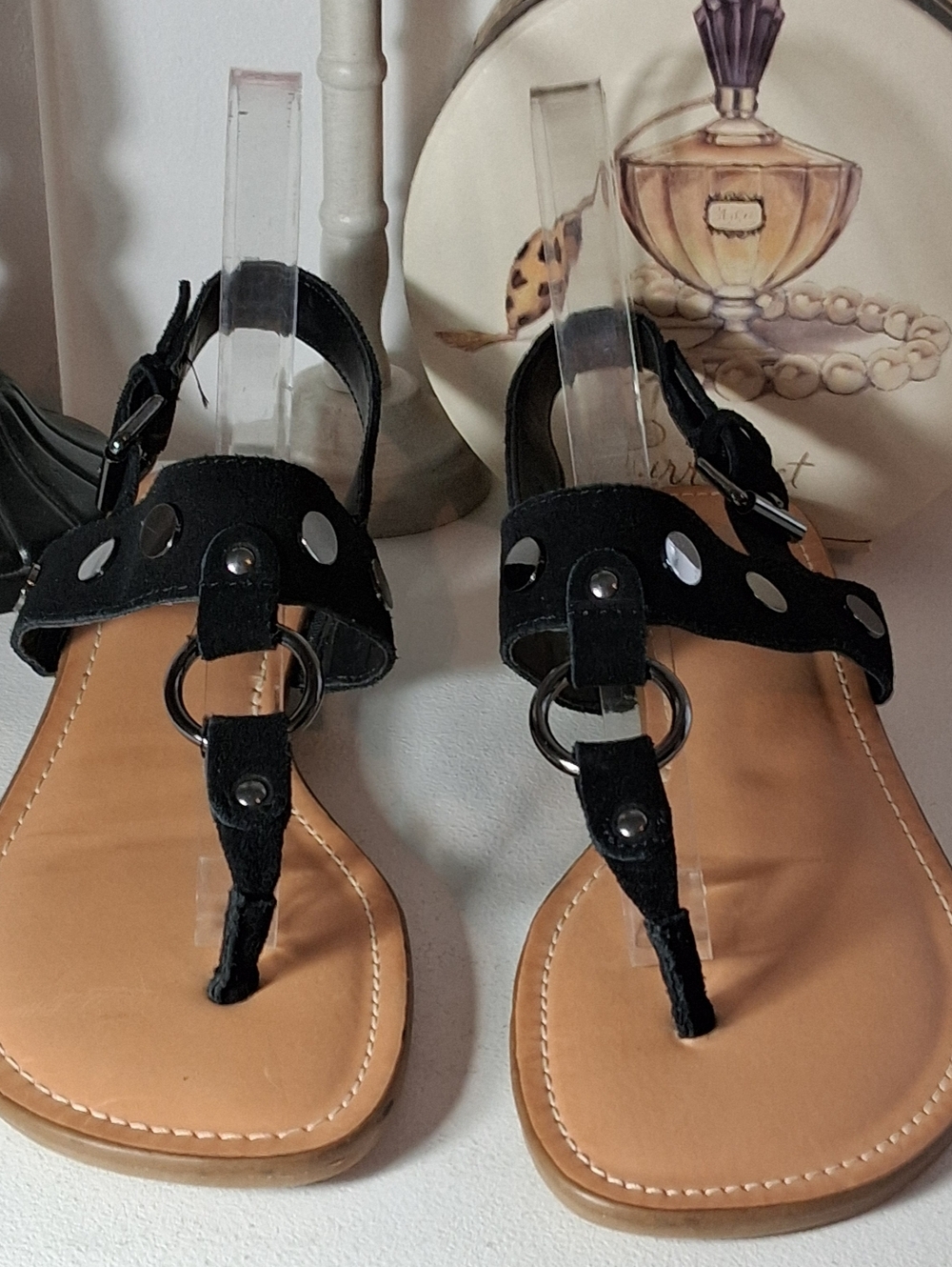 Carlos Carlos Santana Black Suede Metal Detail Straps Thong Sandals Sz 8.5M NWT
